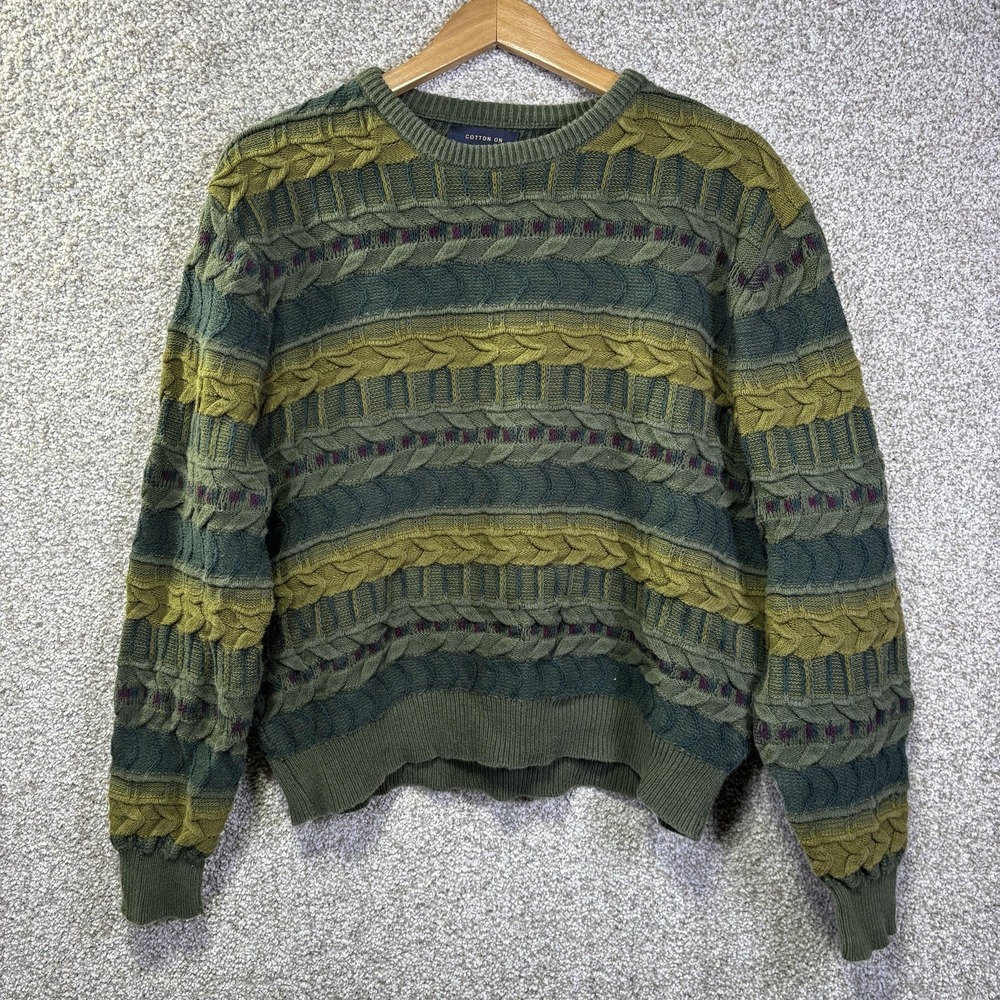 Cotton On Sweater Mens Large Green‎ Cable Knit Striped Crewneck Pullover Casual